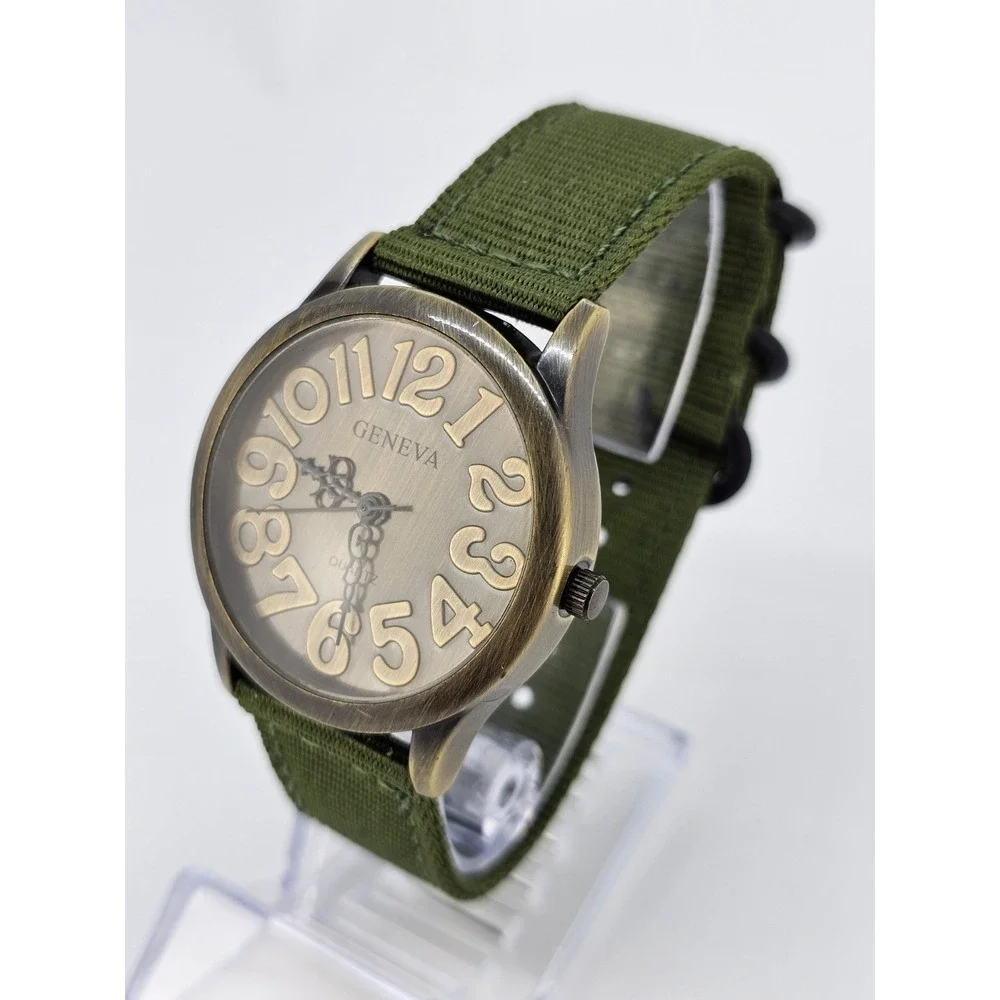 Men's Analog Watch 38MM Bronze Dial New Army Green Canvas Bands New Battery